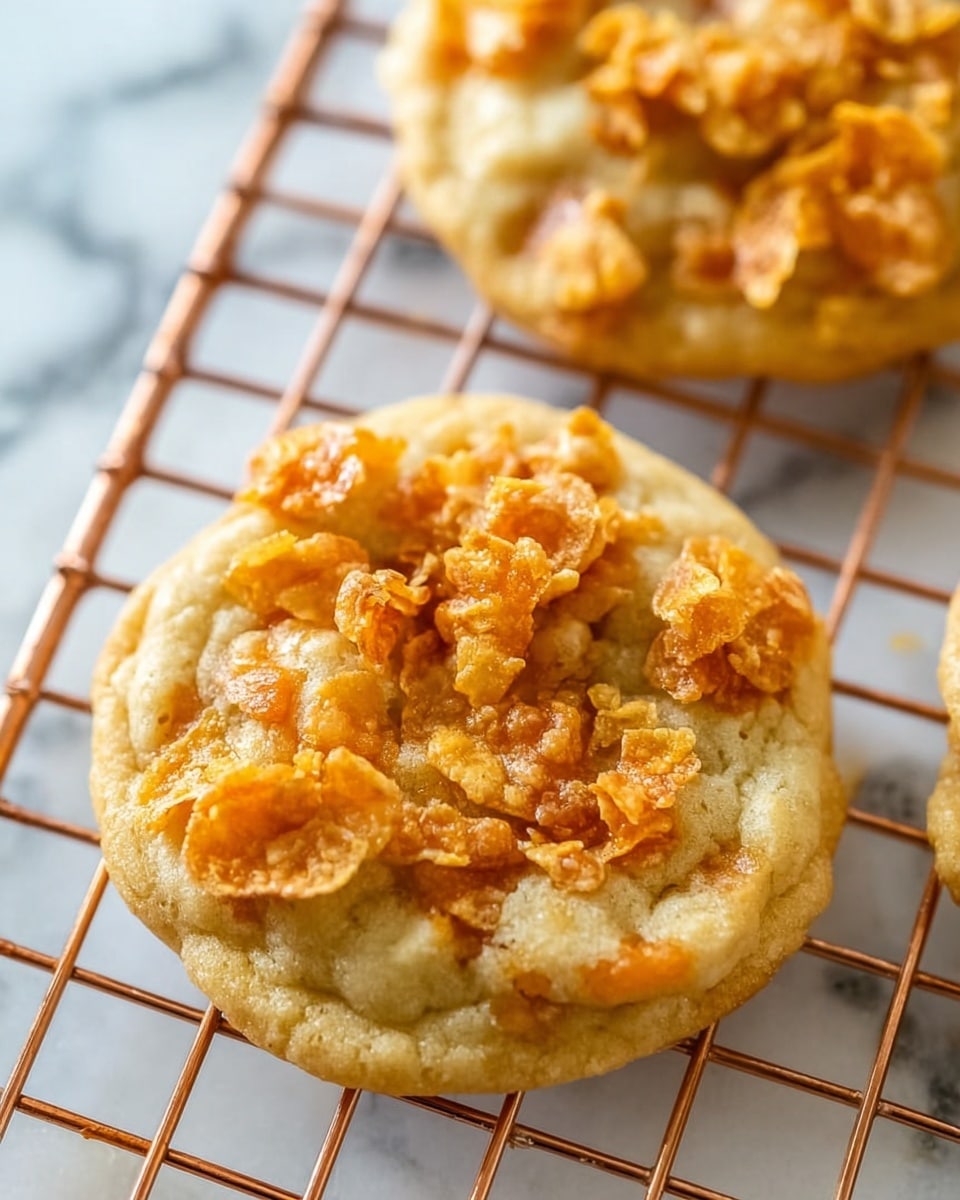 Two cookies rest on a copper wire cooling rack over a white marbled surface. Each cookie has a pale golden base with a soft, slightly bumpy texture, and they are topped with clusters of rough, crunchy golden-orange cornflakes. The cornflakes are irregularly shaped and scattered unevenly, giving a contrast between the smooth cookie dough and the crunchy topping. The photo is taken close up to show the detailed texture of both the cookie and cornflakes photo taken with an iphone --ar 4:5 --v 7