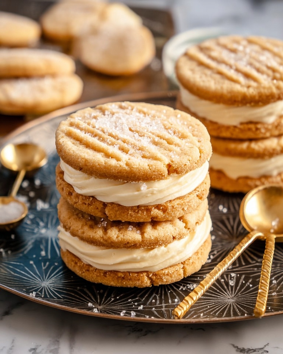 The image shows a stack of three sandwich cookies on a dark patterned tray. Each cookie has two light golden-brown biscuit layers with a smooth, creamy off-white filling in the middle. The top biscuit layers have a slightly cracked texture with small sugar crystals sprinkled on top. In the background, there are more sandwich cookies and some golden measuring spoons, all set against a white marbled textured surface. photo taken with an iphone --ar 4:5 --v 7