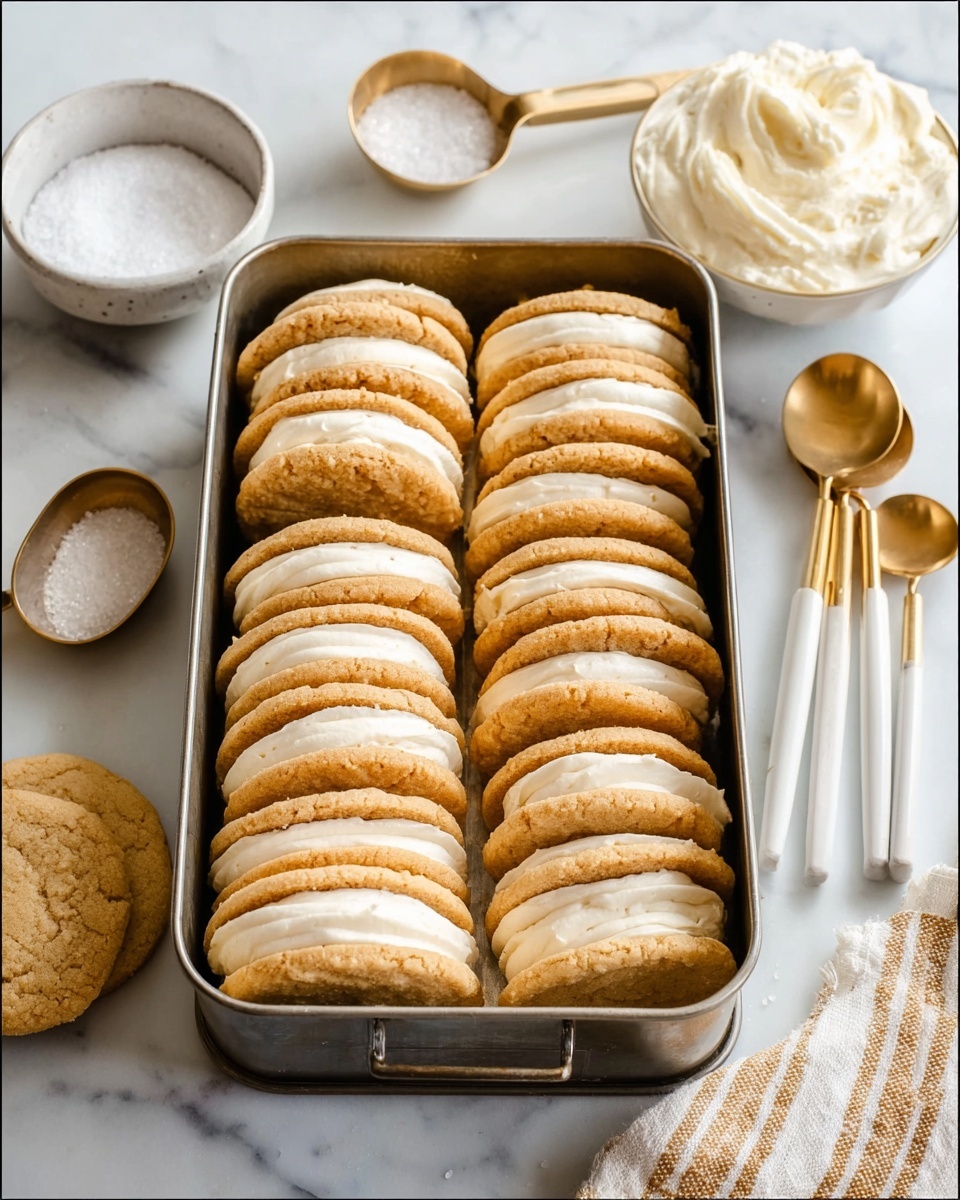 A metal loaf pan filled with two rows of light golden sandwich cookies, each made of two soft, slightly cracked cookies with a thick layer of creamy white filling in the middle; the pan sits on a white marbled surface surrounded by three white and gold measuring spoons, a small white bowl of granulated sugar, and a white bowl filled with whipped cream or frosting, with a beige and white striped cloth partially visible at the bottom right corner, photo taken with an iphone --ar 4:5 --v 7