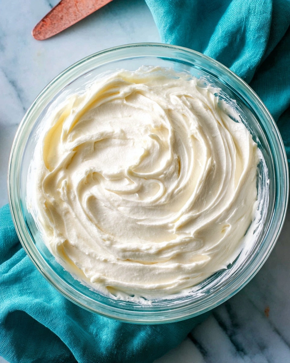 A clear glass bowl holds one layer of smooth, creamy white vanilla frosting with swirled textures on the surface, showing soft peaks and gentle waves throughout. The background features a white marbled texture with a teal cloth partially visible behind the bowl, adding a touch of color contrast to the scene. Photo taken with an iphone --ar 4:5 --v 7