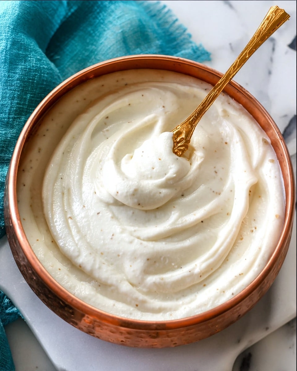 A gold spoon scoops a thick, smooth, creamy white mixture with tiny specks inside, resting inside a round white bowl with a shiny copper exterior. The creamy texture fills the bowl, showing gentle swirls from stirring. The bowl is placed on a white marbled surface with a turquoise cloth partially showing in the background. Photo taken with an iphone --ar 4:5 --v 7