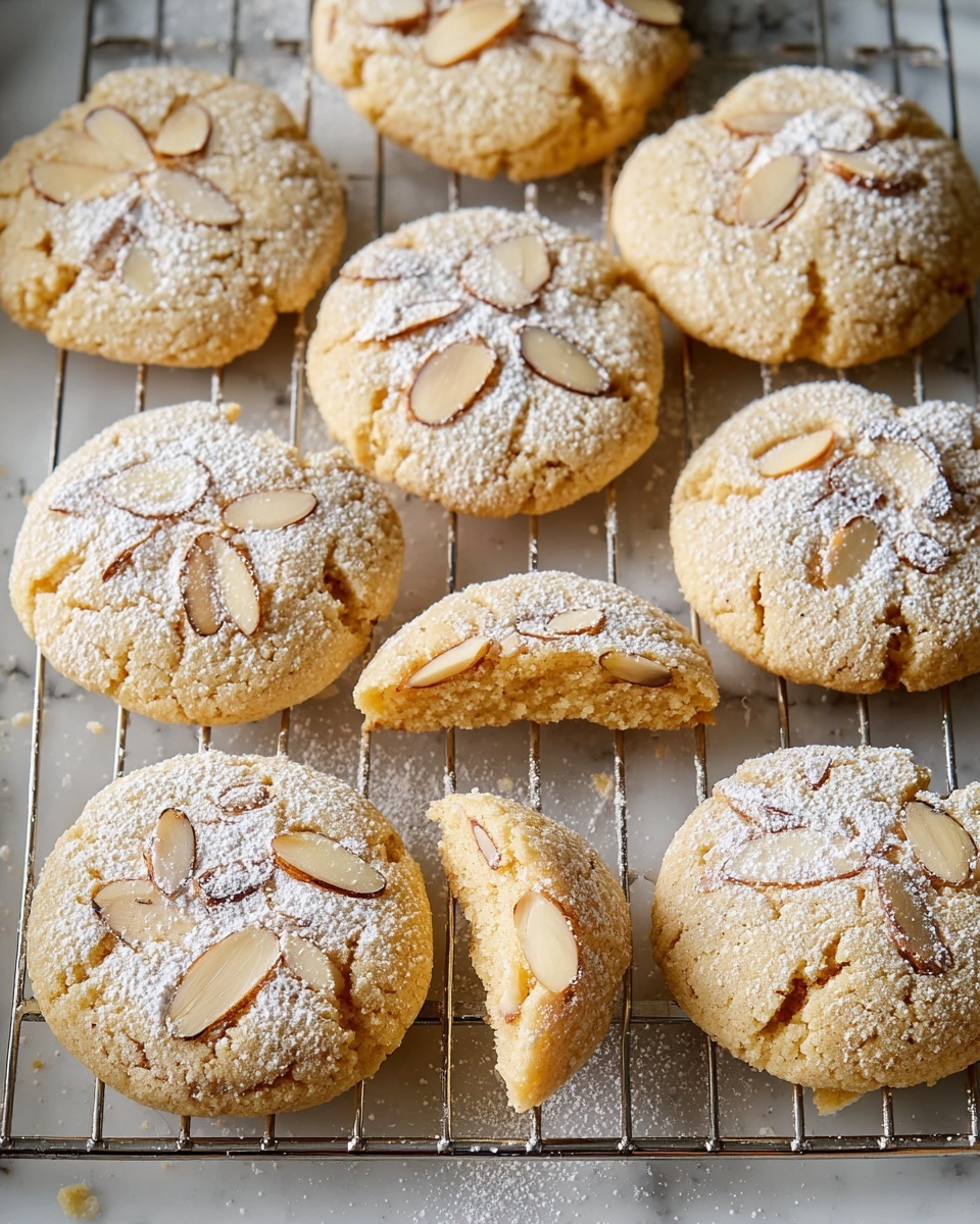 Round cookies with a light golden brown color are placed on a metal cooling rack over a white marbled surface. Each cookie has several thin sliced almonds on top and is dusted with a light layer of powdered sugar, adding a soft white texture. One cookie is broken in half, showing a slightly soft, chewy inside with the almond slices embedded. The cookies are evenly spaced, and light shines softly on them, showing their slightly rough, crumbly texture, photo taken with an iphone --ar 4:5 --v 7