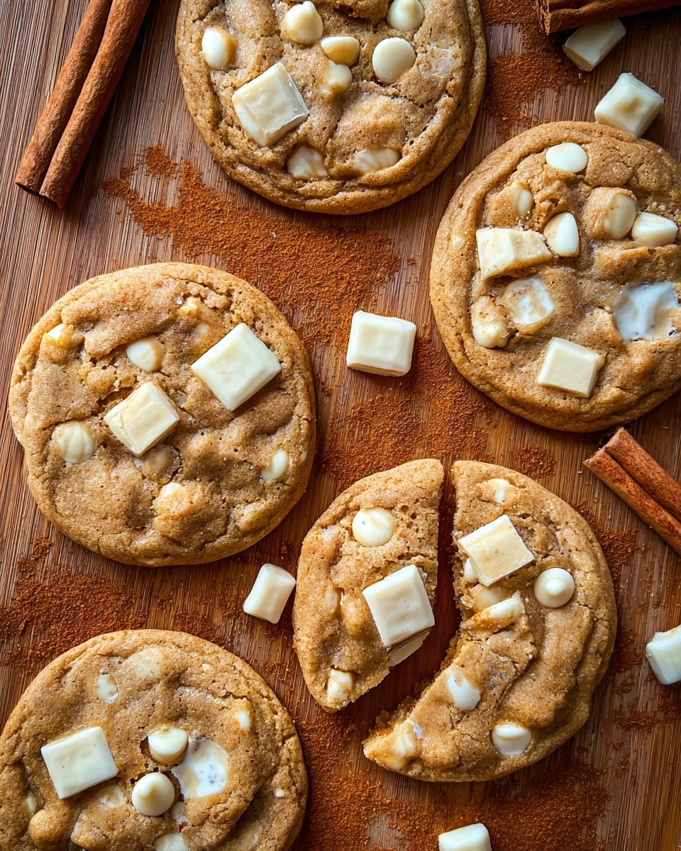 The image shows seven soft cookies spread on a wooden surface with a warm brown tone. Each cookie has a light brown base with a slightly rough texture and is studded with white chocolate chips and larger white chocolate chunks that have a smooth and shiny surface. Two of the cookies are partially broken, revealing a soft interior with a chewy texture. Around the cookies, there are a few cinnamon sticks and a light dusting of cinnamon powder adding an earthy red color contrast. The scene is bright with natural lighting that highlights the textures and colors, making the cookies look fresh and inviting photo taken with an iphone --ar 4:5 --v 7