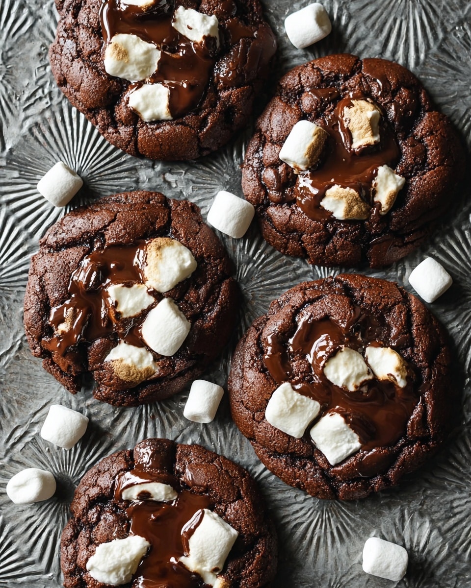 Five dark brown chocolate cookies are arranged closely on a textured grey baking tray with a starburst pattern. Each cookie has several white marshmallows melted partly into the surface, with shiny, melted dark chocolate spread over and around the marshmallows in uneven patches. Around the cookies, there are whole white marshmallows scattered randomly on the tray. The cookies have a rough, cracked texture, and the melted chocolate looks glossy and thick. photo taken with an iphone --ar 4:5 --v 7