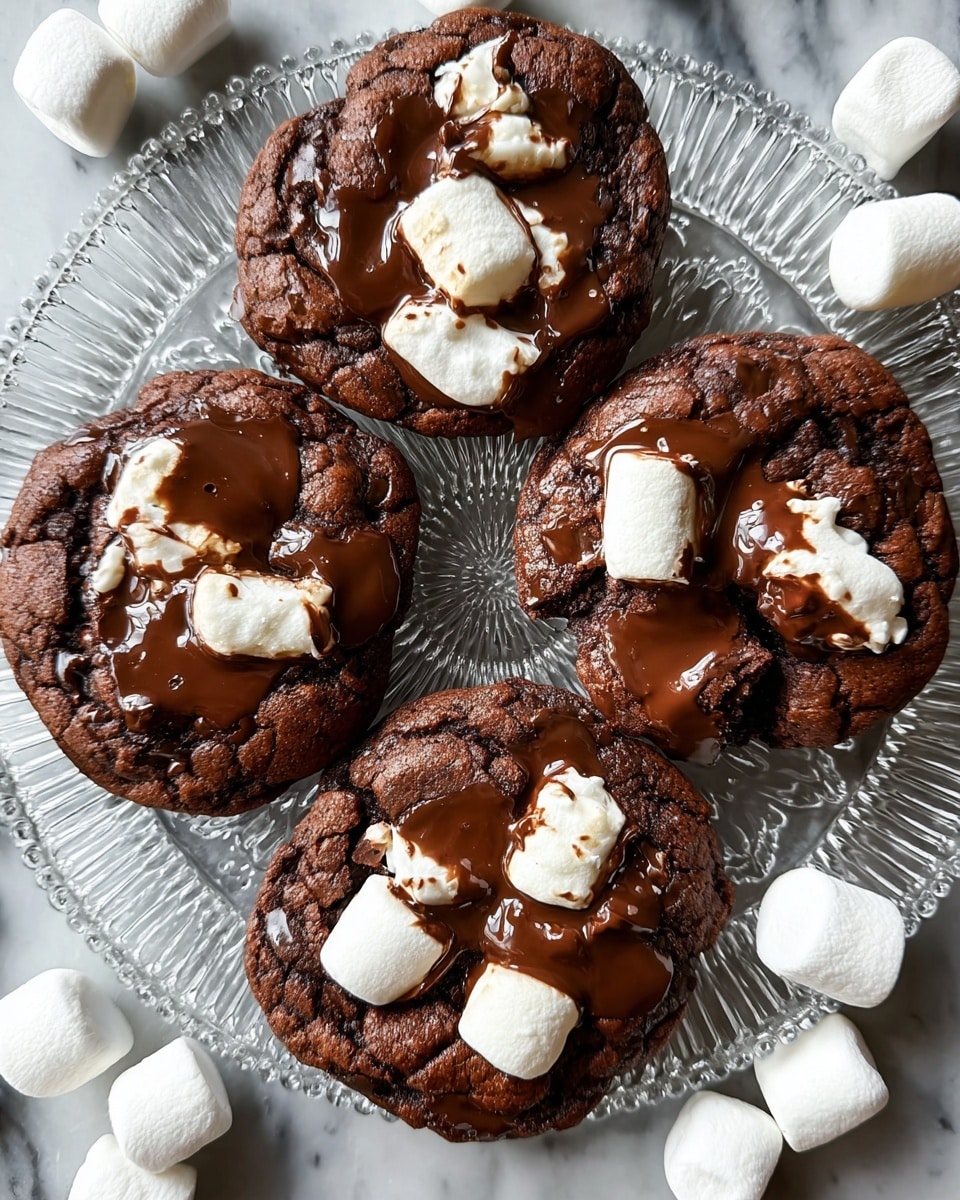 The image shows four dark brown chocolate cookies on a patterned glass plate placed on a white marbled surface. Each cookie has a cracked, slightly rough texture with white marshmallows on top, some whole and some broken. Shiny melted chocolate is spread over the marshmallows and cookie tops, creating irregular patches of smooth dark brown gloss. Around the plate, there are several whole white marshmallows scattered on the surface. photo taken with an iphone --ar 4:5 --v 7