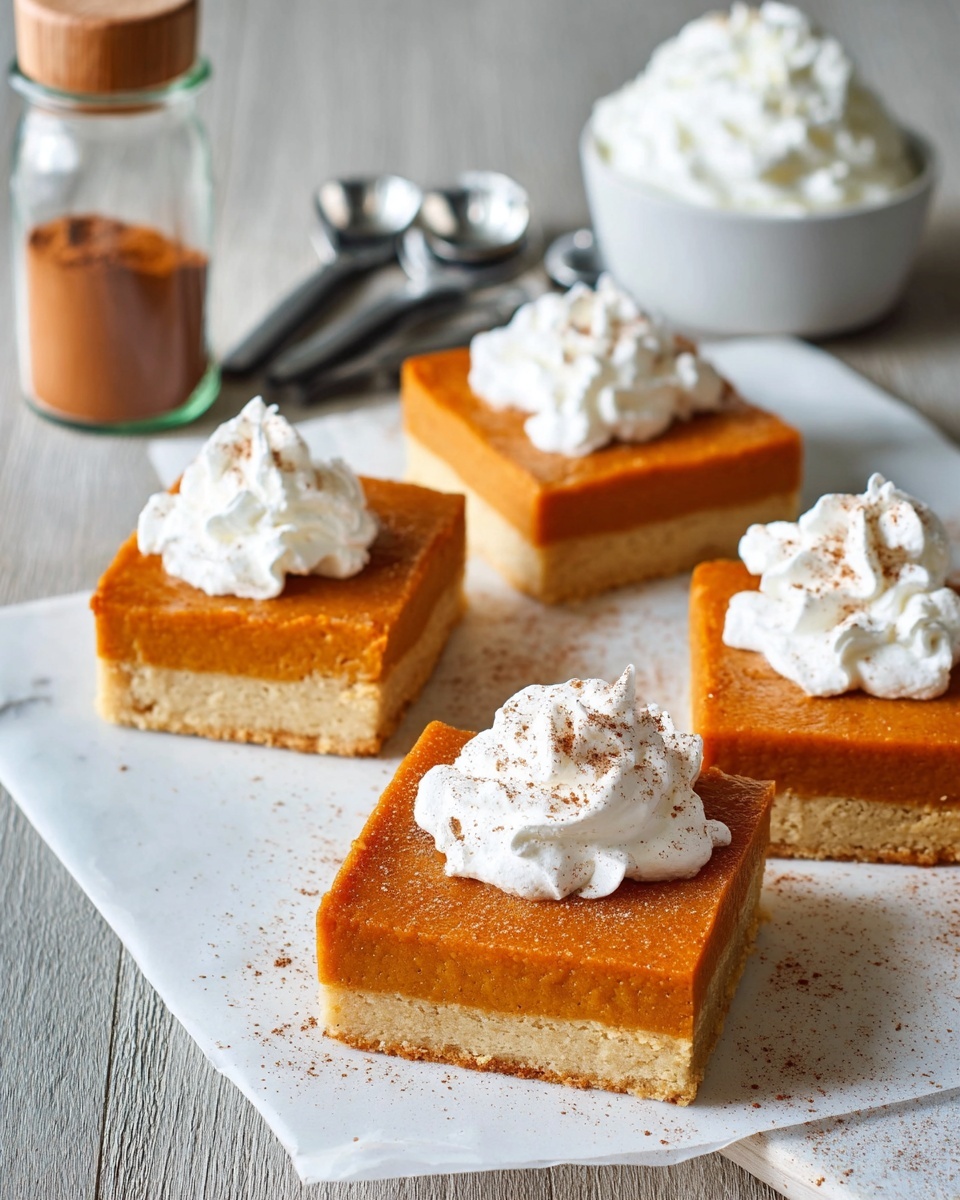 The image shows four square orange pumpkin dessert bars with two visible layers: a light beige crust at the bottom and a thick, smooth orange pumpkin layer on top. Each square has a dollop of white whipped cream dusted with a light sprinkle of cinnamon or spice on top. The four bars are placed on a white marble textured surface covered with white parchment paper. In the background, there is a white bowl filled with extra whipped cream and a tipped glass bottle of cinnamon powder, along with metal kitchen tools. photo taken with an iphone --ar 4:5 --v 7