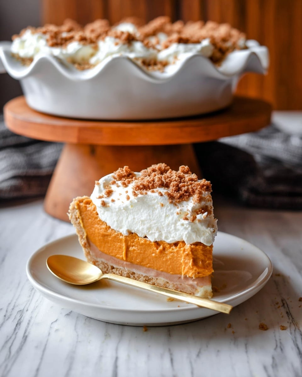 A slice of pie sits on a white plate, showing four distinct layers: a thin light beige crust at the bottom, topped by a caramel-colored soft layer, then a thick orange creamy layer in the middle, and a fluffy white whipped topping sprinkled with rough brown crumble on the top. The slice is in front of a white pie dish with scalloped edges holding the rest of the pie, which is on a wooden cake stand with a white base. A gold spoon rests beside the slice on the plate, and the scene is set on a white marbled texture surface. photo taken with an iphone --ar 4:5 --v 7