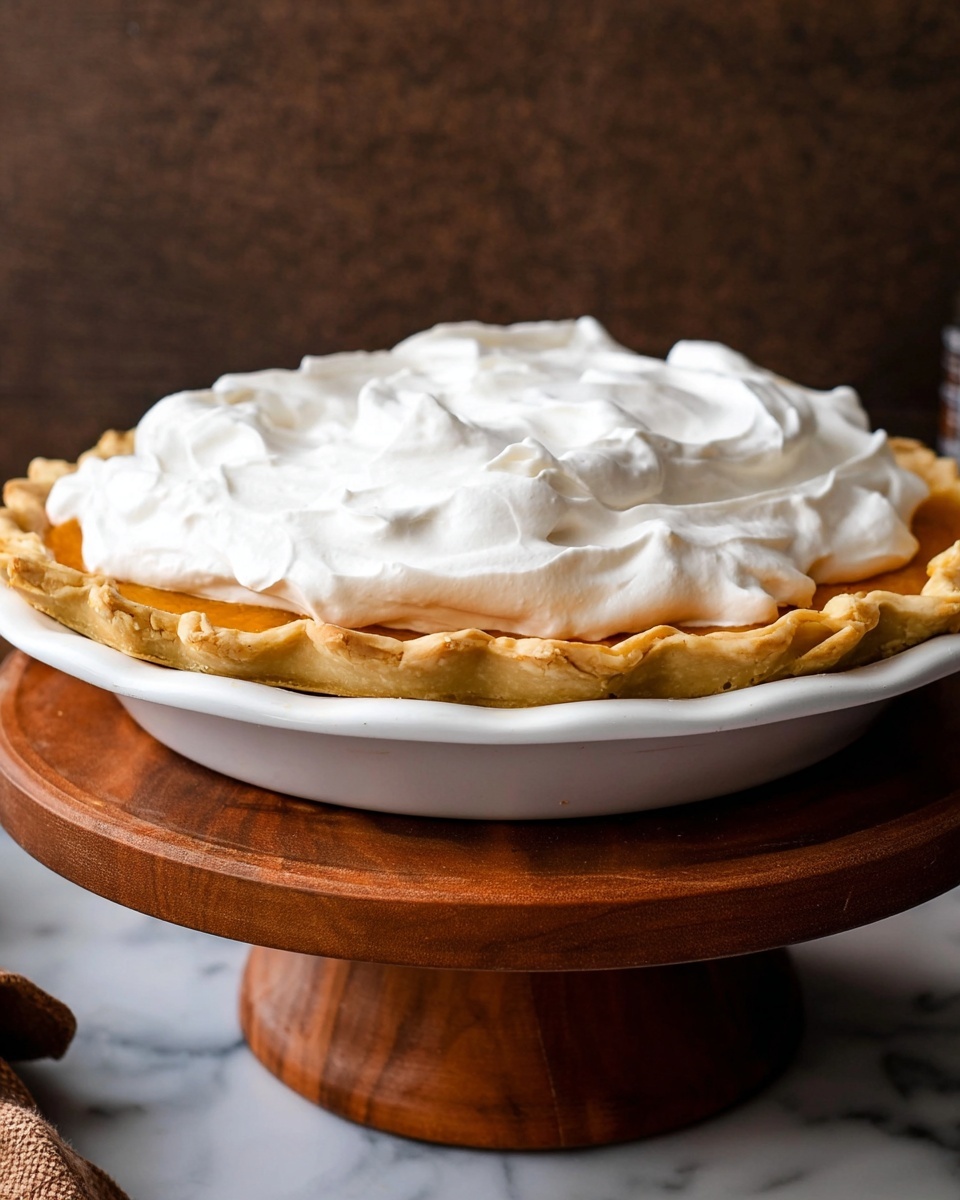 The image shows a pie with three visible layers placed on a white pie dish on a wooden stand. The bottom layer is a golden-brown, flaky crust with crimped edges that rise slightly above the dish rim. The middle layer is a smooth orange filling, visible just above the crust. The top layer is a thick, fluffy white cream spread evenly across the pie with soft swirls giving it a light texture. The background has a dark brown tone, but the pie dish is set on a white marbled surface. photo taken with an iphone --ar 4:5 --v 7