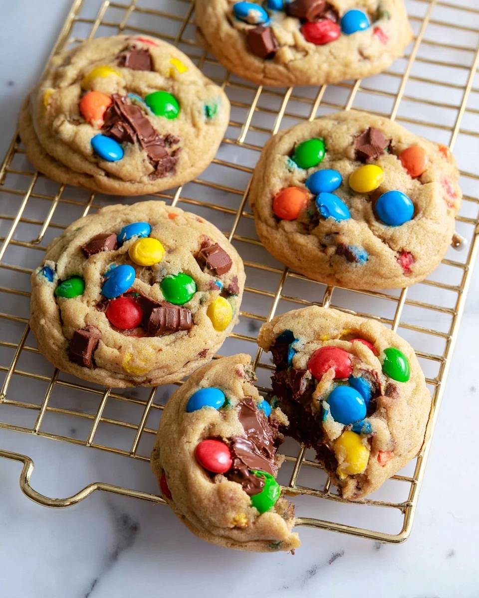 The image shows five round cookies with a thick texture, filled with colorful candy pieces on top, including red, blue, green, yellow, orange, and brown, spread evenly across the light golden brown cookie surface. One cookie is broken into two parts, revealing a soft, slightly melted chocolate layer inside with the same colorful candies. They are placed on a gold cooling rack, which is set on a white marbled surface, making the bright colors of the candies stand out clearly. photo taken with an iphone --ar 4:5 --v 7