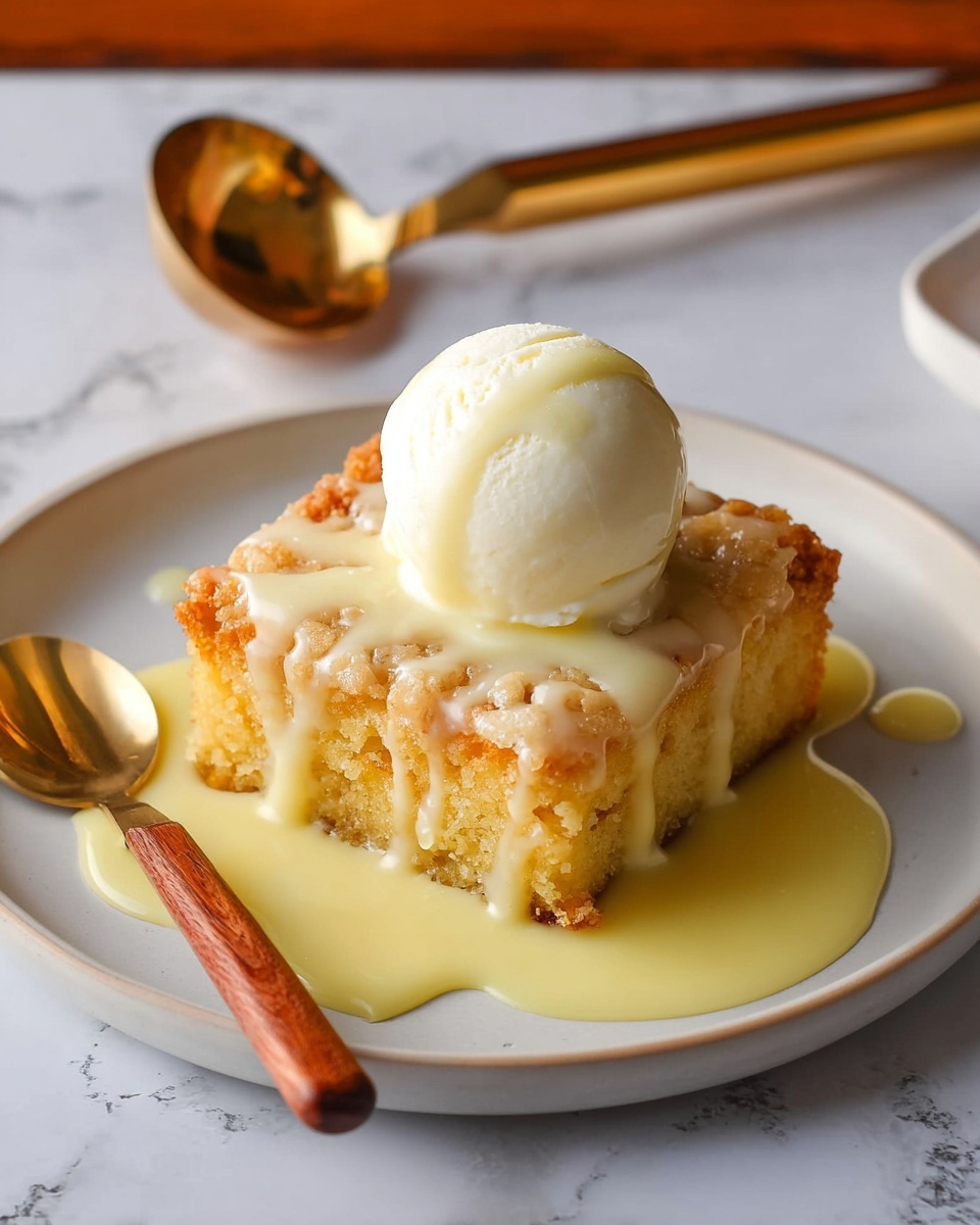 A square piece of light golden cake with a textured, crumbly top layer is placed in the center of a white plate on a white marbled surface. The cake is topped with a smooth drizzle of pale yellow sauce that gently flows over the edges and onto the plate. On top of the cake sits a perfectly round scoop of white vanilla ice cream, creating a soft contrast to the warm cake below. Next to the plate, there is a spoon with a wooden handle and a shiny bronze scoop resting on the white marbled surface. Photo taken with an iphone --ar 4:5 --v 7