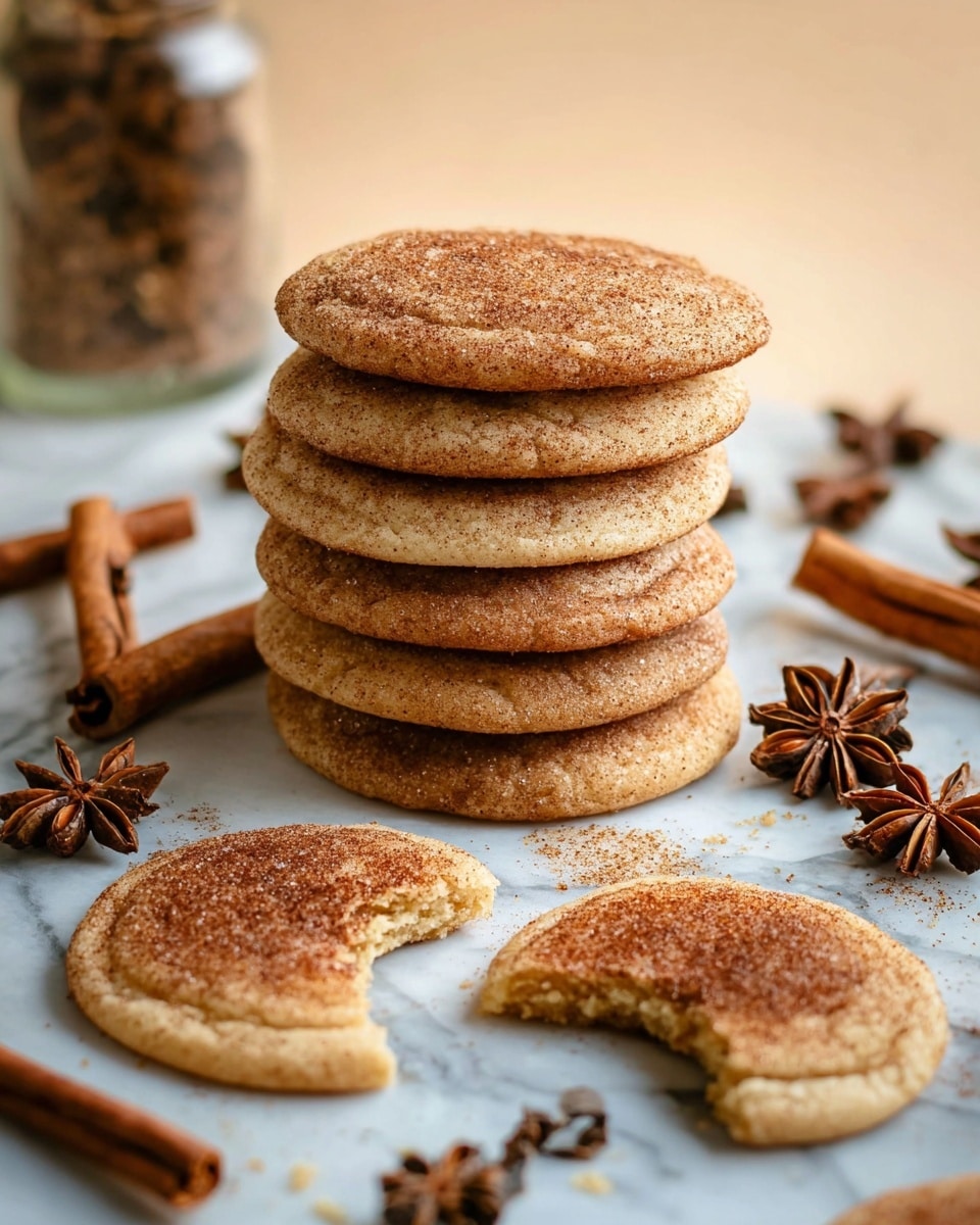 A stack of seven round, soft cookies with a light brown color and a thin, darker cinnamon sugar coating on top sits in the center on a white marbled surface. To the right of the stack, there is one whole cookie with a bite taken out, showing its soft texture. To the left, there is another cookie also with a bite taken out. Around the cookies are whole cinnamon sticks and star anise scattered loosely, adding dark brown and reddish tones. In the background, a jar filled with spices is slightly blurred. The photo has a warm, cozy feel with natural light highlighting the textures and colors. photo taken with an iphone --ar 4:5 --v 7