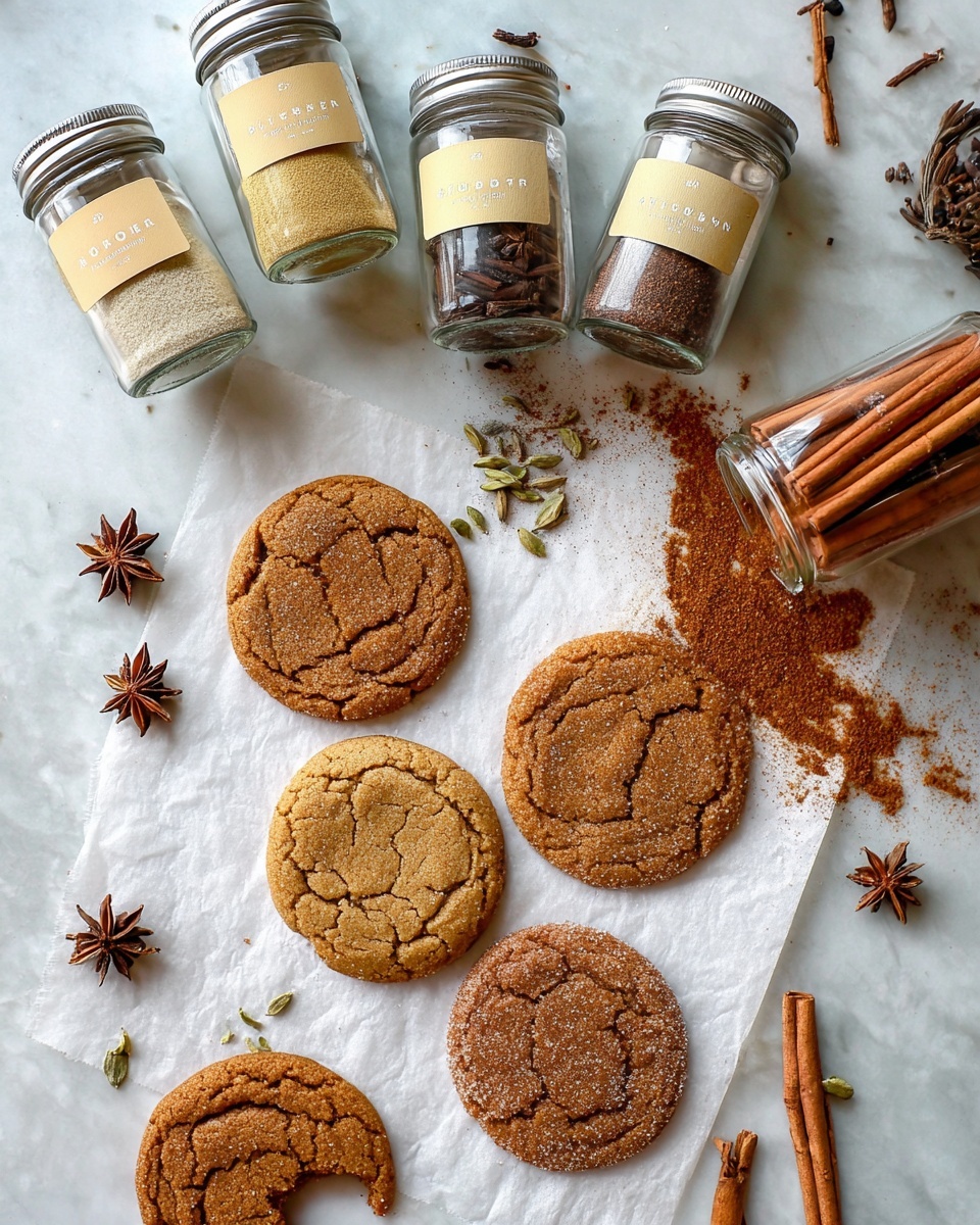 The image shows five round cinnamon sugar cookies with a cracked surface, arranged on white parchment paper atop a white marbled texture. One cookie has a bite taken out of it. Around the cookies are several star anise seeds scattered, adding dark brown star shapes. There are five clear glass spice jars with silver lids positioned above the cookies; the jars contain powdered spices labeled ginger (light yellow), cinnamon sticks (empty, but a cinnamon stick is visible inside), cloves (dark brown), nutmeg (brown), and cardamom (light green). Part of a clear jar tipped over with star anise spilling out is visible on the right side. The background mix of parchment paper and white marbled texture contrasts with the warm brown tones of the cookies and spices. photo taken with an iphone --ar 4:5 --v 7