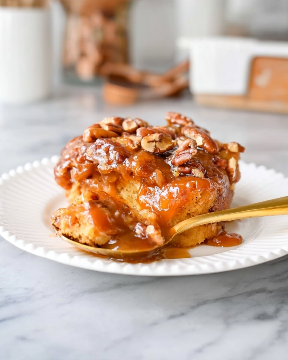 A white scalloped round plate holds a sticky dessert with three visible layers: a bottom layer of golden brown baked dough, a middle layer of soft, slightly darker baked dough, and a top layer thickly covered with shiny caramel sauce mixed with whole pecans. A golden spoon with a scoop of the dessert rests on the plate, showing the gooey texture and caramel dripping slightly. The background is a white marbled surface with blurred kitchen items in the distance. Photo taken with an iphone --ar 4:5 --v 7