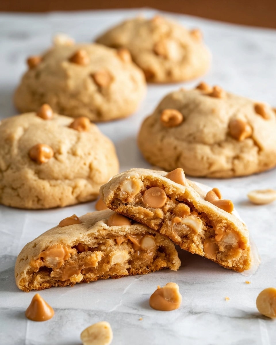The image shows five light golden brown cookies on a white marbled surface, with one cookie broken in half in the front center, revealing a soft and chewy inside full of caramel-colored chips and small nut pieces. The broken cookie's interior has a rough, crumbly texture with visible caramel chips embedded throughout. In the background, three whole cookies are slightly blurred, all studded with caramel chips on their smooth tops. Around the cookies, a few loose caramel chips and light tan nut pieces are scattered. Photo taken with an iphone --ar 4:5 --v 7