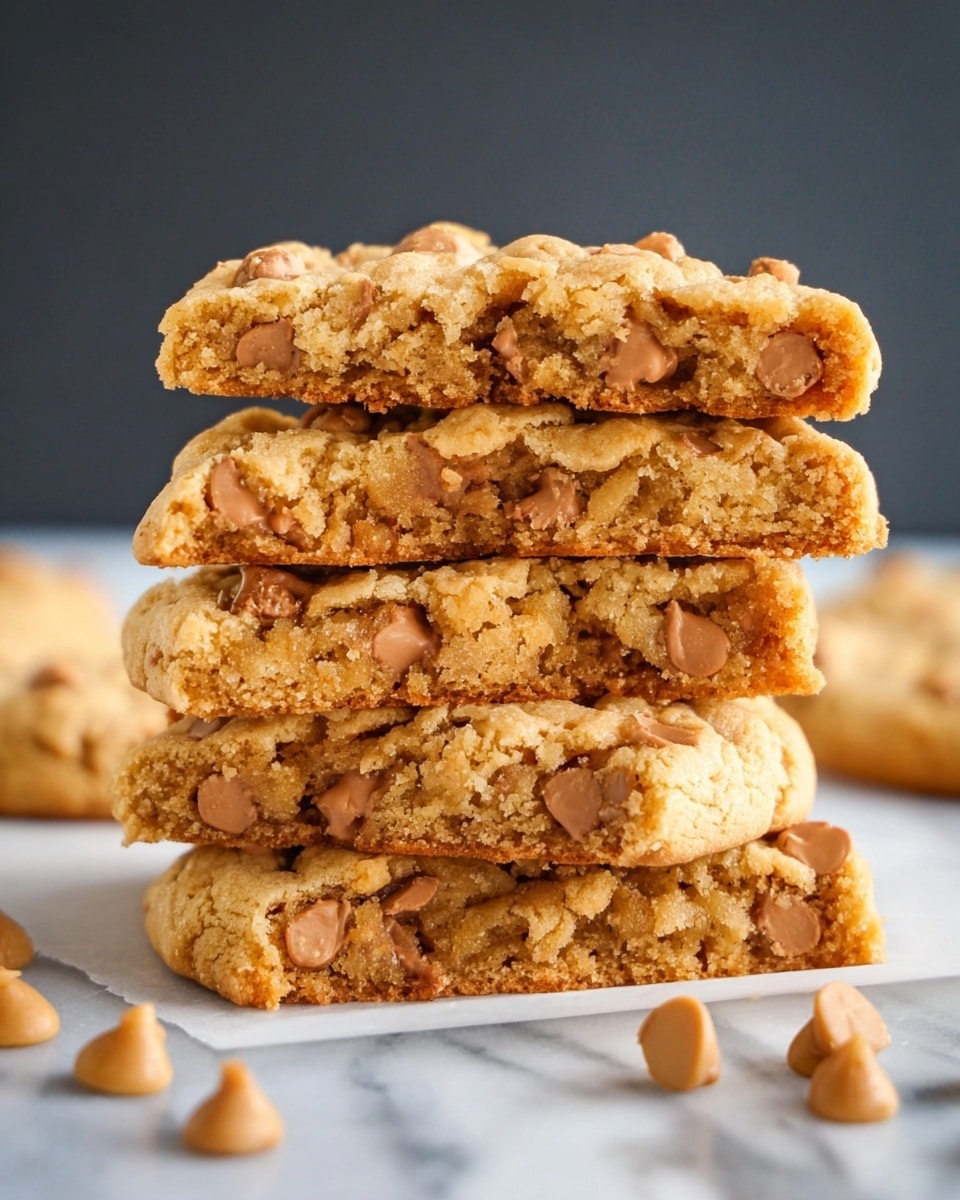 A stack of four thick cookies is shown in close-up on a white marbled surface. Each cookie is golden brown with a soft and slightly crumbly texture, studded generously with light brown chips spread throughout. The top cookie is broken in half, revealing a chewy, dense inside with more chips embedded. Scattered light brown chips surround the stack on the surface. The background is dark and plain, making the cookies stand out clearly. photo taken with an iphone --ar 4:5 --v 7
