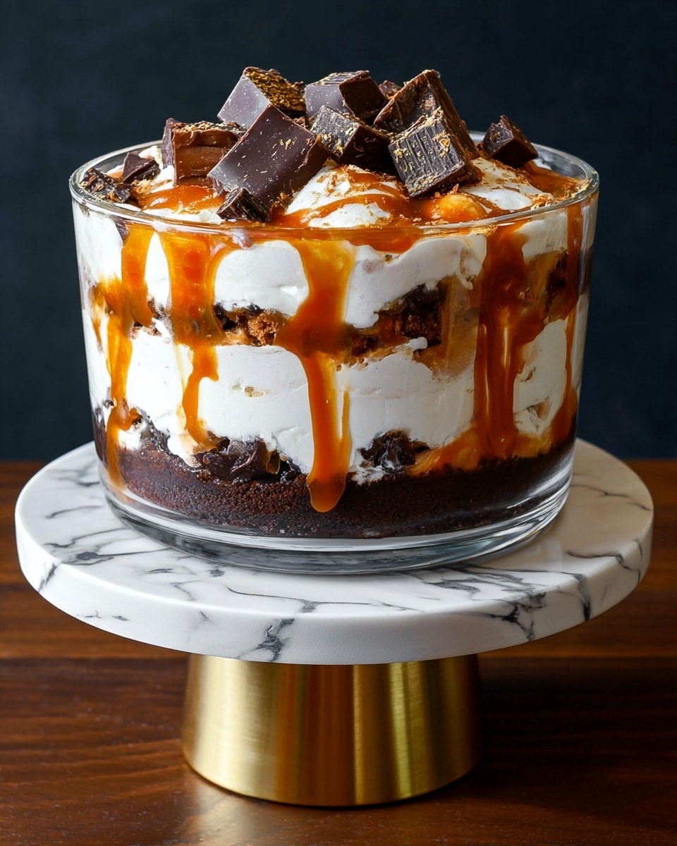 A glass bowl shows a dessert made of several layers starting with a dark brown crumb layer at the bottom, followed by a thick white creamy layer, topped with an orange caramel drizzle. Above it, there is another dark crumb layer, then a white cream layer with dark chocolate pieces pressed lightly in between, another caramel drizzle flows down the sides, and the top layer is white cream decorated with large chunks of dark chocolate, all inside the clear glass bowl sitting on a white marbled stand with a gold base, set on a wooden surface and a dark background. Photo taken with an iphone --ar 4:5 --v 7