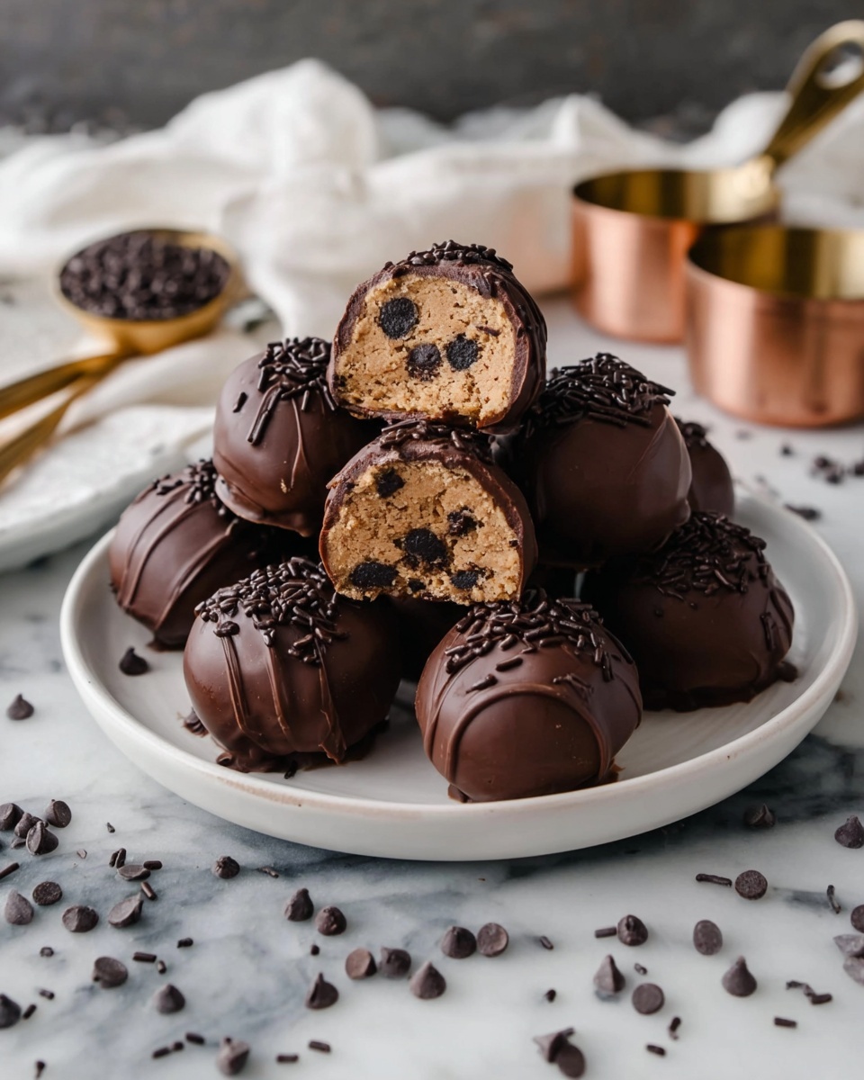 A white plate holds eight round chocolate-covered treats arranged in a small pile. Each treat has a smooth, dark chocolate outer layer with some topped with chocolate sprinkles. Two treats are cut in half and placed on top, showing a soft, light brown inner layer with embedded dark chocolate chips and a slightly crumbly texture. The plate sits on a white marbled surface scattered with dark chocolate chips and sprinkles. In the background, there are gold and copper measuring cups and a white cloth. Photo taken with an iphone --ar 4:5 --v 7
