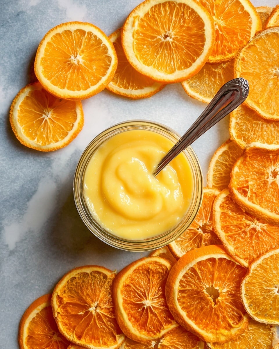 A small clear glass jar filled with smooth, yellow lemon curd sits in the center, with a silver spoon resting inside the jar on the right side. The jar is surrounded by three groups of orange slices arranged on a white marbled surface: fresh orange halves on the upper left, dried orange slices fanned out on the upper right, and dried orange slices fanned out along the bottom. Each orange slice shows detailed texture and vibrant orange color with visible segments and peel, contrasting with the creamy yellow lemon curd. Photo taken with an iphone --ar 4:5 --v 7