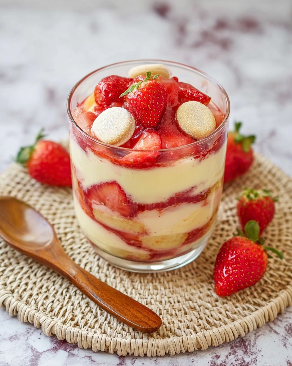 A clear glass cup filled with a layered dessert showing five main layers, starting from the bottom: a creamy pale yellow custard, a layer of bright red strawberries, another creamy pale yellow custard, a red strawberry sauce mixed with the custard, and topped with whole and halved red strawberries and small round beige biscuits. The glass cup sits on a round beige woven placemat over a white marbled surface. A wooden spoon is placed to the left side of the cup, and three whole strawberries and one halved strawberry rest around the placemat. Photo taken with an iphone --ar 4:5 --v 7