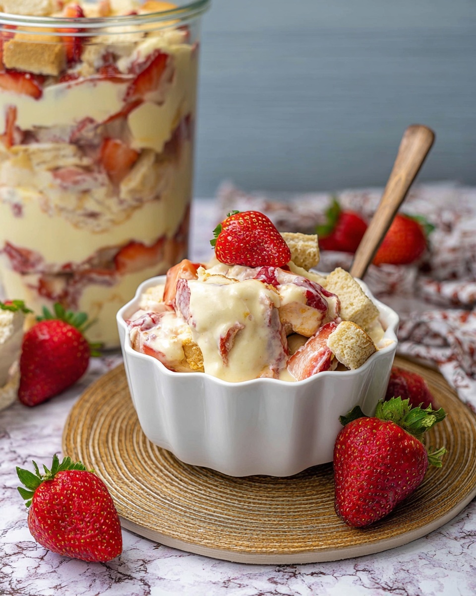 A close-up of a layered dessert served in a white scalloped bowl placed on a round woven mat with a wooden texture underneath. The dessert has multiple layers mixed together, showing creamy pale yellow custard, red strawberry pieces, and beige cookie chunks creating a soft, textured look. There are fresh red strawberries with green tops around the bowl and one strawberry on a wooden spoon resting inside the bowl. Behind the bowl, a tall clear glass container with visible swirled layers of custard, sliced strawberries, and cookies stands against a soft blue background. The surface is a white marbled texture photo taken with an iphone --ar 4:5 --v 7