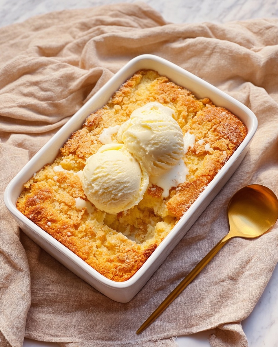 A white bowl with a textured rim holds a warm peach cobbler inside. The cobbler has a golden-brown, crumbly top layer with visible cracks. Below this is a thick layer of bright orange peach slices soaked in syrup, peeking through the cobbler crust. On top, there are two smooth, creamy scoops of vanilla ice cream slightly melting over the warm cobbler. A brass spoon is resting inside the bowl on the right side. The bowl is placed on a soft, light gray cloth, and the background surface has a white marbled texture. photo taken with an iphone --ar 4:5 --v 7