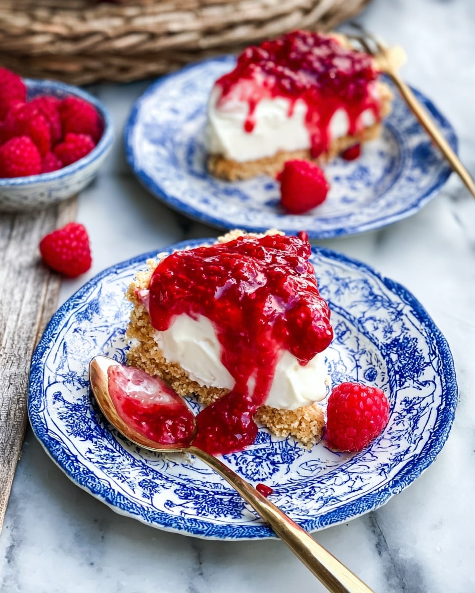 Two white plates with blue patterns hold slices of dessert on a white marbled surface. Each dessert slice has three layers: a golden crumbly crust base at the bottom, a thick white creamy layer in the middle, and a bright red raspberry sauce spread thickly over the top with some sauce dripping down the sides. A spoon with a gold handle rests on the front plate with some dessert on it. Three fresh raspberries sit on the plate next to the dessert. A woman's hand with the spoon is partially visible. Photo taken with an iphone --ar 4:5 --v 7