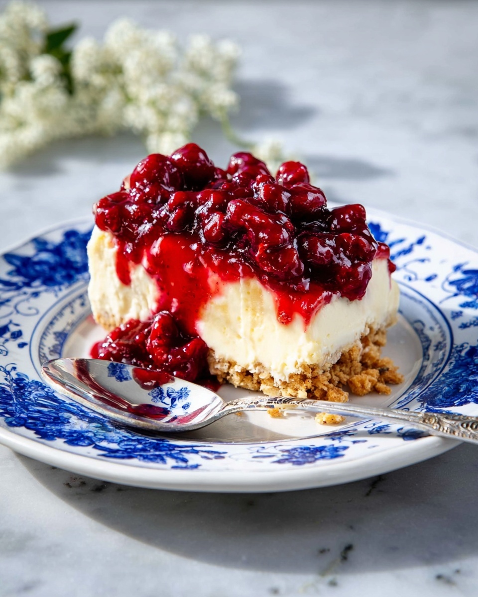 A dessert with three visible layers on a white plate with blue floral designs is shown. The bottom layer is a light brown crumbly crust, the middle layer is a thick cream with a smooth texture in pale yellow-white color, and the top layer is a bright red glossy fruit topping with visible pieces of berries, spilling slightly over the edges. There is a silver spoon with a blue design next to the dessert, and the background is a white marbled surface with some small white flowers blurred in the back. photo taken with an iphone --ar 4:5 --v 7