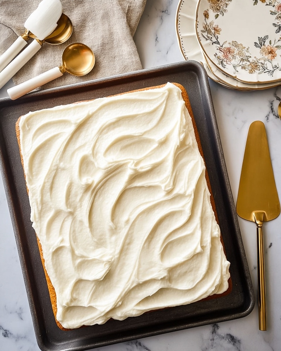 A rectangular single-layer cake with a light golden-brown base is evenly covered with a thick layer of creamy white frosting on top, showing gentle swirling textures and soft peaks. The cake sits on a dark-colored baking tray placed on a white marbled surface. To the top left, a set of gold and white measuring spoons rests on a beige cloth. To the top right, there are two stacked white plates with floral embossed patterns and a long golden spoon on top. To the right of the baking tray, a golden cake server lies flat on the white marbled surface. photo taken with an iphone --ar 4:5 --v 7