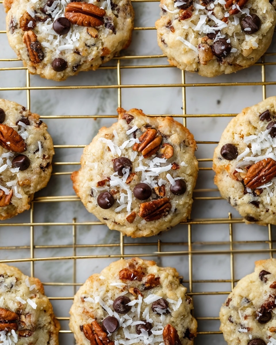 Several round cookies rest on a gold wire cooling rack. Each cookie has a light golden brown base, with a soft, slightly bumpy texture. The cookies are studded through with dark brown chocolate chips, adding a glossy contrast. On top of each cookie are scattered pieces of toasted brown pecans and white shredded coconut flakes, which add texture and color variation. The background shows a white marbled surface beneath the wire rack. photo taken with an iphone --ar 4:5 --v 7