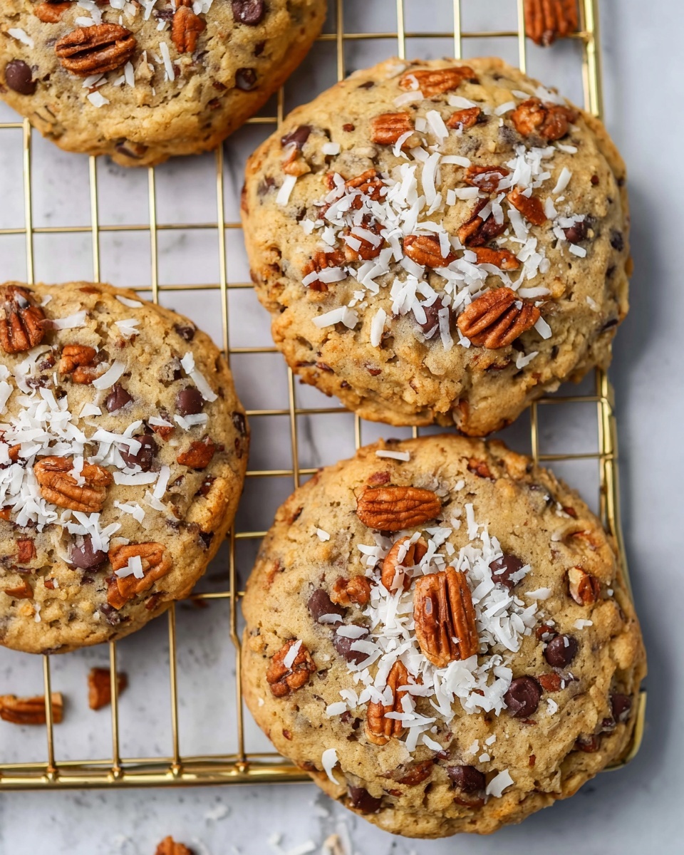 The image shows four round cookies on a gold wire cooling rack over a white marbled surface. Each cookie has a golden-brown base with visible chocolate chips spread evenly throughout. On top of the cookies, there are scattered pecan pieces that add a rich, dark brown contrast and a sprinkle of white shredded coconut which adds texture and lightness to the look. The cookies appear soft with slightly cracked edges, emphasizing their fresh-baked texture. Photo taken with an iphone --ar 4:5 --v 7