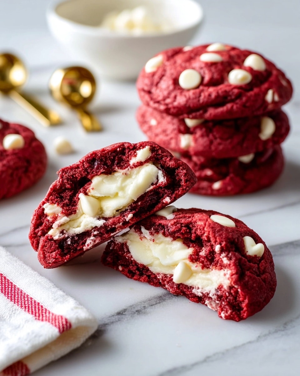 The image shows four red velvet cookies on a white marbled surface, with one cookie in the front split in half to reveal a thick white cream cheese filling inside. The cookies are deep red with white chocolate chips visible on the top and inside, giving a bumpy texture. The split cookie's inner layer is creamy and smooth, contrasting with the dense and soft outer red cookie layer. In the background, there is a blurred white bowl and two gold measuring spoons, adding a warm metallic shine. A white cloth with red stripes lies partially in the lower left corner. Photo taken with an iphone --ar 4:5 --v 7