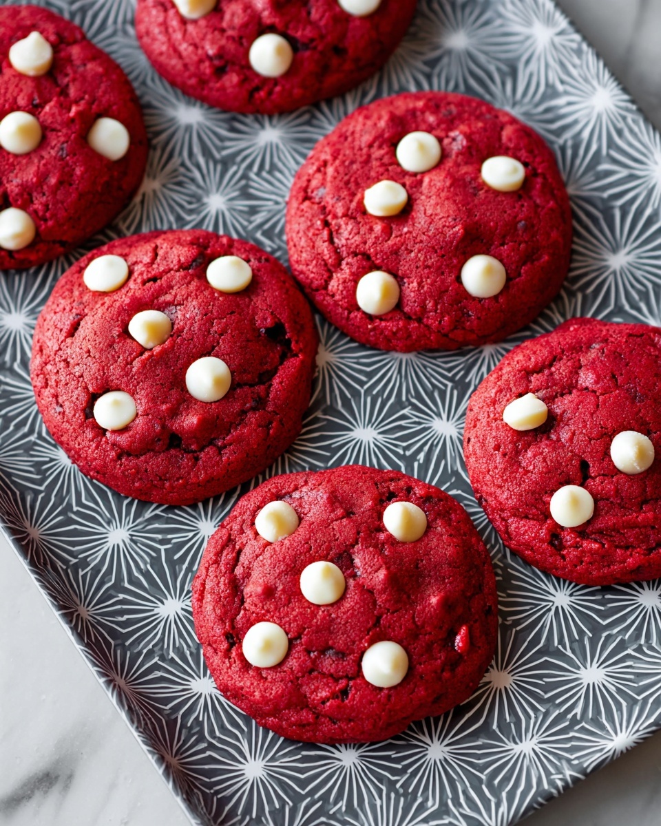 The image shows six round bright red cookies with a soft and slightly cracked texture. Each cookie is dotted with white chocolate chips scattered unevenly on the top surface. The cookies are placed directly on a gray tray with a repeating geometric pattern. The red color is deep and vibrant, making the white chips stand out clearly. The tray lies on a white marbled surface, which contrasts with the bold colors of the cookies. photo taken with an iphone --ar 4:5 --v 7