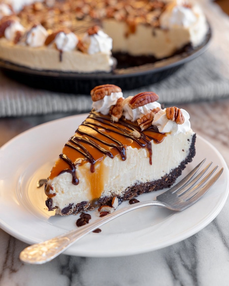 No Bake Turtle Pie Recipe 5 A slice of pie sits on a white plate with a silver fork to its right. The pie has three main layers: a dark brown crunchy base, a thick creamy middle layer in light beige, and a thin top layer with shiny caramel and chocolate drizzle in a zigzag pattern. On the edge of the slice, there are dollops of white whipped cream topped with whole pecans. In the background, the rest of the pie is on a black pan with a similar pattern on top and a few slices taken out. The setting is on a white marbled surface. Photo taken with an iphone --ar 4:5 --v 7