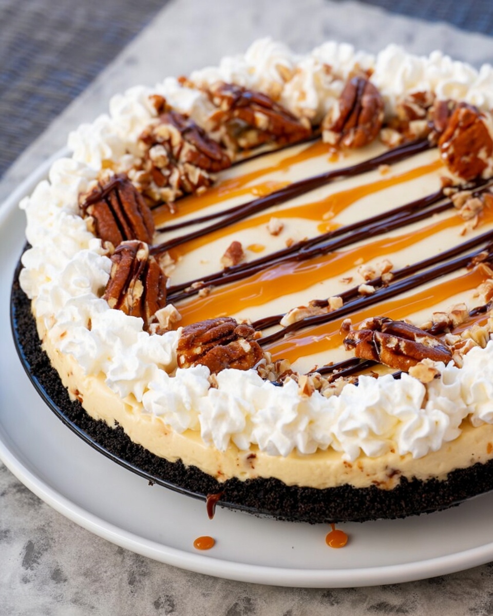 No Bake Turtle Pie Recipe 6 The image shows a round dessert with three main layers. The bottom layer is a dark crumbly crust in black color, the middle layer is creamy and light beige, and the top layer is a smooth light orange cream. Around the edge of the pie, there is a border of white whipped cream forming thick peaks, with pieces of toasted brown pecans placed evenly on top of the cream. The surface of the dessert is decorated with thin lines of orange caramel drizzle and dark chocolate sauce crisscrossed. The dessert sits on a white plate on a white marbled surface photo taken with an iphone --ar 4:5 --v 7