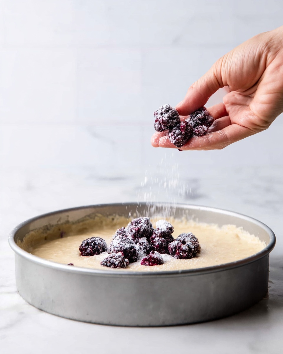 Blackberry Cake with Vanilla Bean Frosting and Blackberry Curd Recipe 5 A woman's hand is seen dropping several blackberries covered in powdered sugar into a round baking pan filled with light beige batter. The batter forms the base layer inside the pan, which has a silver metal color. The blackberries are located above and starting to sink slightly into the batter, showing their dark purple and textured surface dusted with white powdered sugar. The scene is set on a white marbled surface with a plain white wall background. photo taken with an iphone --ar 4:5 --v 7