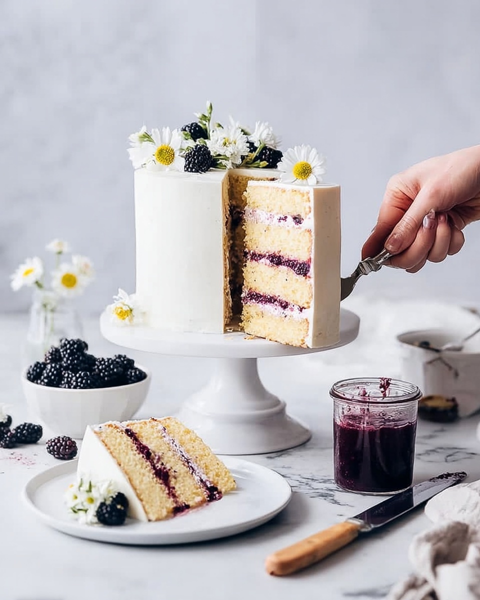 Blackberry Cake with Vanilla Bean Frosting and Blackberry Curd Recipe 6 A tall cake with three layers of light yellow sponge, each separated by a thin layer of dark purple berry jam. The outside is covered smoothly in white frosting. There are blackberries and small white flowers on top of the cake as decoration. A slice of cake with the same layers is on a white plate in front of the whole cake. A woman's hand is lifting another slice with a cake server. The cake stand and all plates are white, sitting on a white marbled surface. Nearby are a jar with dark purple jam and a white bowl filled with blackberries. A small knife with a wooden handle is on the surface near the plates. Photo taken with an iphone --ar 4:5 --v 7