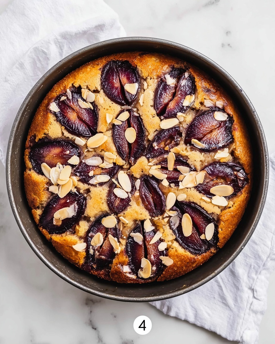 Yogurt Plum Cake Recipe 5 The image shows a round plum cake in a dark metal baking pan, placed on a white marbled surface with a white cloth underneath. The cake has one visible layer of golden-brown baked batter, studded with halved dark purple plums arranged in a circular pattern radiating from the center to the edges. The plums are slightly sunken into the batter, creating a textured surface with a mix of smooth and wrinkled plum skin. The cake is sprinkled with slivered almonds that are light tan and scattered evenly, adding a crunchy contrast to the soft fruit and cake. The photo taken with an iphone --ar 4:5 --v 7