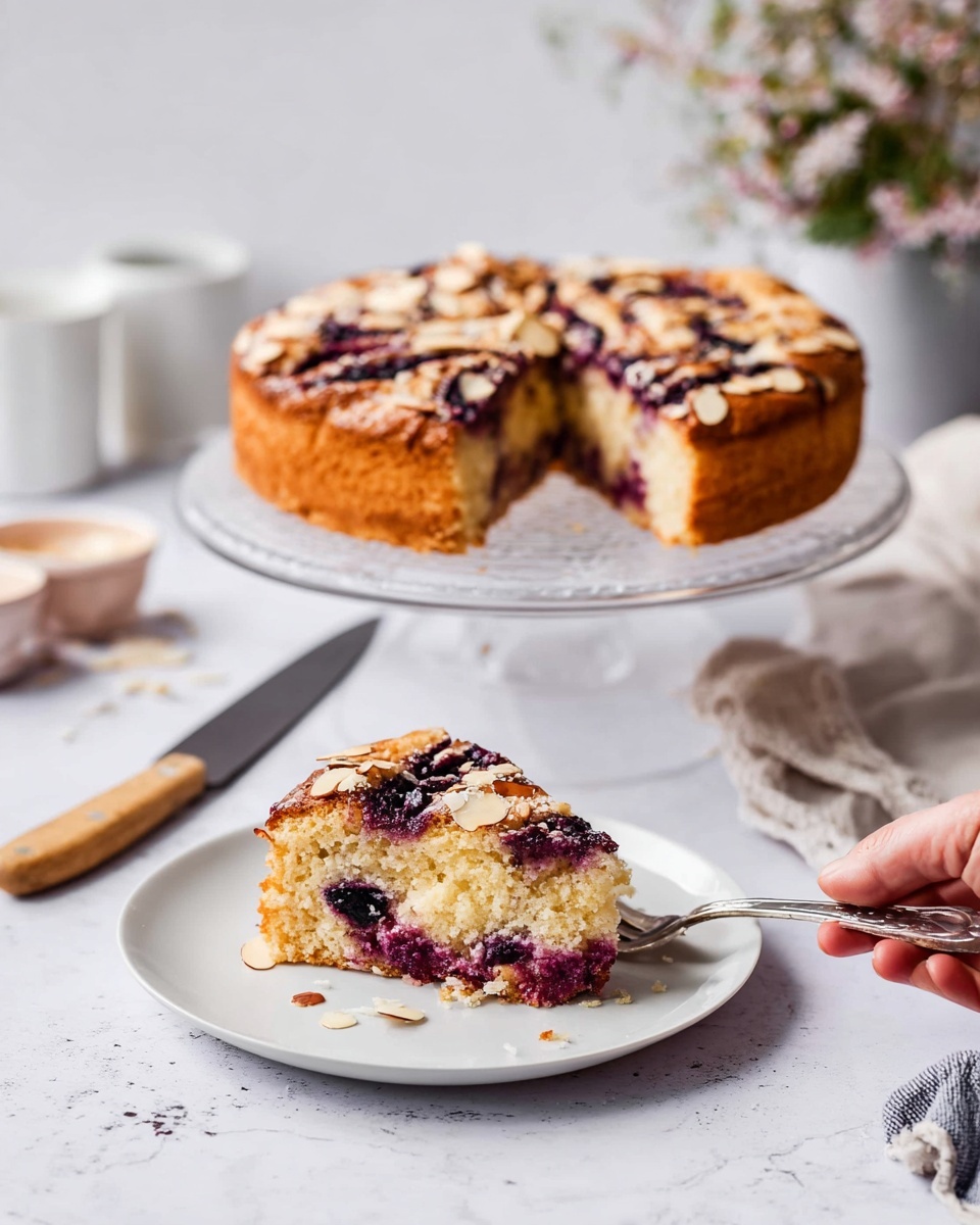 Yogurt Plum Cake Recipe 6 The image shows a round cake with a light golden brown crust and a soft, pale yellow inside. The top of the cake is decorated with dark purple fruit swirls and sprinkled with light tan almond slices, creating a textured, uneven top layer. A piece of the cake is placed on a white plate in the front, showing the fluffy and moist inside with purple fruit running through the top section. A woman's hand is holding a fork with a bite of the cake near the plate. The full cake sits on a clear glass cake stand in the background, placed on a white marbled surface. There are some small bowls, a knife with a light brown handle, a white cloth, and a blurred out bunch of small flowers in soft focus behind the stand. Photo taken with an iphone --ar 4:5 --v 7