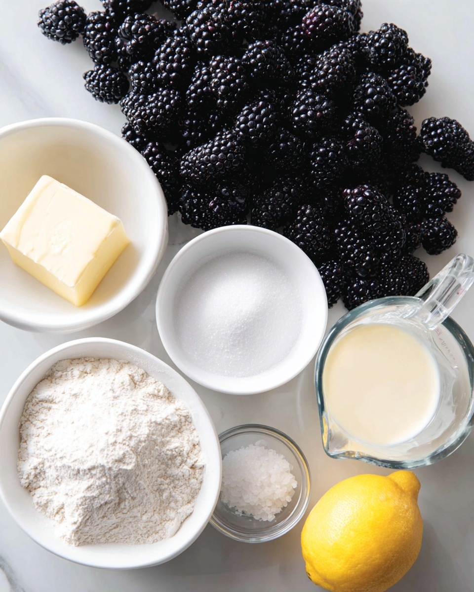 The image shows a collection of ingredients on a white marbled surface, including a large pile of blackberries with a shiny, textured surface, a white bowl filled with white sugar with a smooth, slightly swirled top, a white bowl of pale beige flour with a soft, powdery texture, a white bowl of white cornstarch with a fluffy texture, a small clear glass bowl with white salt crystals, a square piece of pale yellow butter on a wrapper, a bright yellow lemon with a dimpled skin, and a clear measuring cup filled with creamy white liquid. photo taken with an iphone --ar 4:5 --v 7