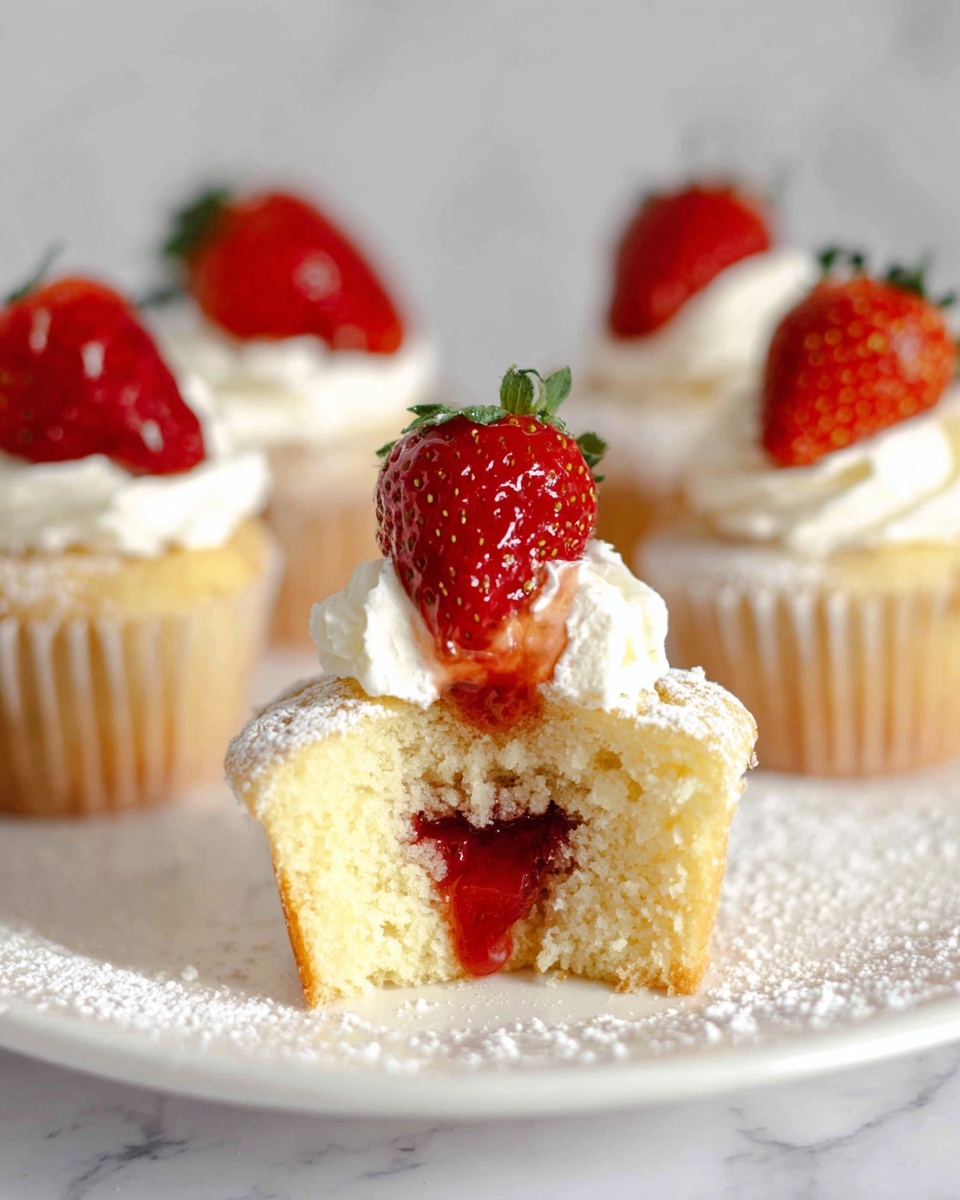 The image shows a white cupcake sliced in half at the front, revealing a soft yellow cake with a thick red jelly layer running down the middle. On top of the cupcake is a white creamy frosting with a bright red half strawberry placed on it, the strawberry showing its green leaves. In the background, there are whole cupcakes topped with white frosting and whole red strawberries with green leaves. The cupcakes are on a white plate with some powdered sugar sprinkled around, and the surface underneath is a white marbled texture. photo taken with an iphone --ar 4:5 --v 7