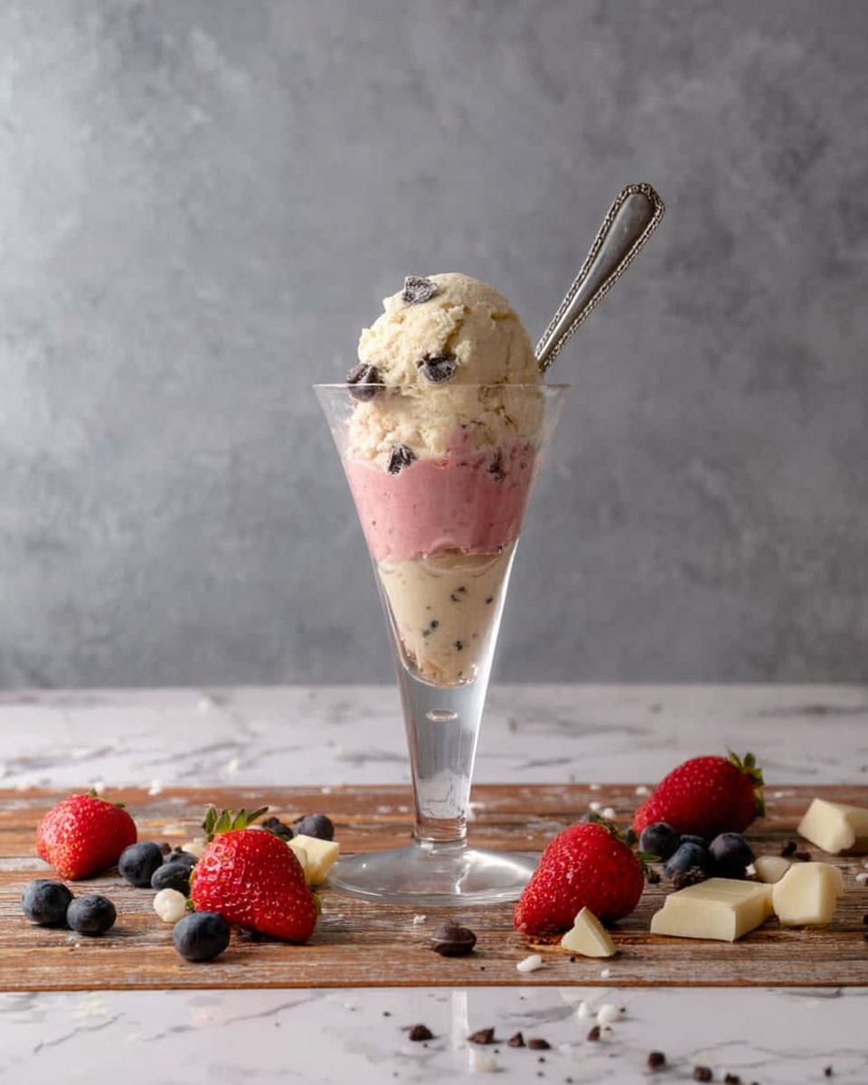 This image shows a three-layered dessert in a clear glass with a tall stem. The bottom layer is light beige with small dark spots, creating a grainy texture. The middle layer is a smooth pink ice cream or sorbet, and the top layer is creamy white ice cream with visible dark chocolate chips. A silver spoon sticks out from the top. Around the base of the glass on a light wooden textured surface are scattered fresh red strawberries, dark blueberries, and small pieces of white chocolate, along with some chocolate chips. The background is a grayish wall, and the plate is placed on a white marbled surface. Photo taken with an iphone --ar 4:5 --v 7