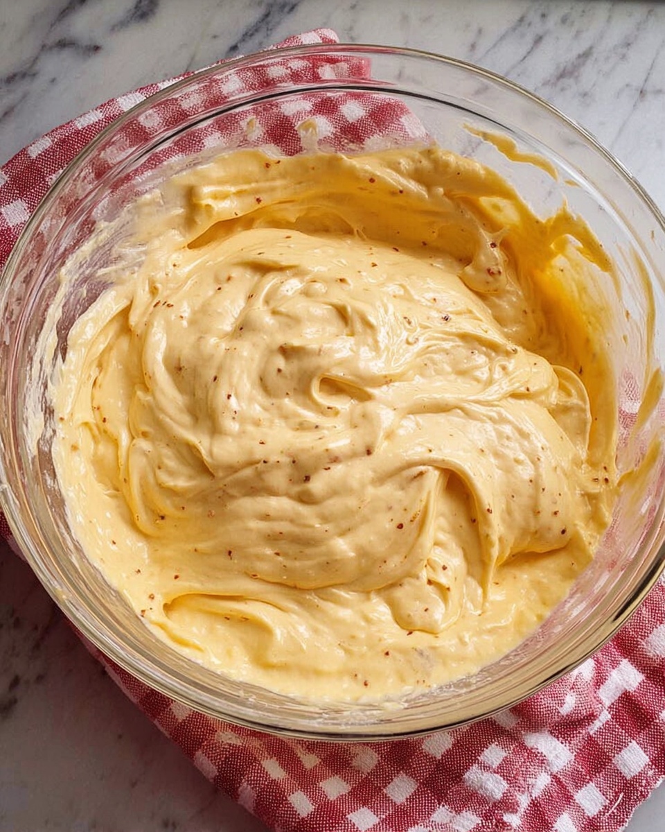 A clear glass bowl filled with a thick, creamy mixture that is light orange-yellow in color with small darker specks throughout. The surface of the mixture is smooth with some swirls and folds visible, giving it a soft and whipped texture. The bowl sits on a white marbled surface with a red and white checkered cloth partially visible underneath. photo taken with an iphone --ar 4:5 --v 7