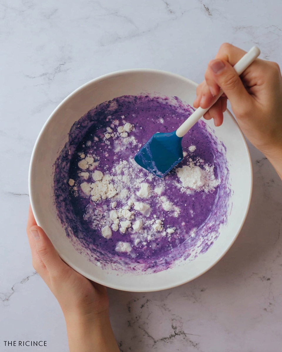 A white bowl is held by a woman's hand on the left side with a white marbled texture underneath. Inside the bowl is a mix with a thick purple liquid base that has some small lumps. Scattered on top are patches of white powder in irregular shapes, and a woman's hand is stirring the mixture with a blue spatula on the right side. photo taken with an iphone --ar 4:5 --v 7