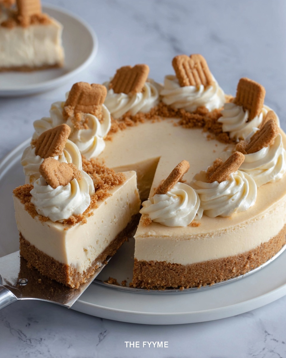 A round cheesecake with three visible layers sits on a white plate over a white marbled surface. The bottom layer is a crunchy brown crust, followed by a thick smooth creamy beige middle layer, and topped with a thin layer of crumbly brown bits near the edge. Around the edge, there are swirls of white whipped cream evenly spaced, each swirl topped with a square brown cookie. One slice is lifted with a silver pie server showing the layers clearly, including the crust, creamy filling, and whipped cream with cookie on top. The overall look is neat and inviting with soft beige and white tones, light texture contrast, and crumbly cookie decorations. Photo taken with an iphone --ar 4:5 --v 7