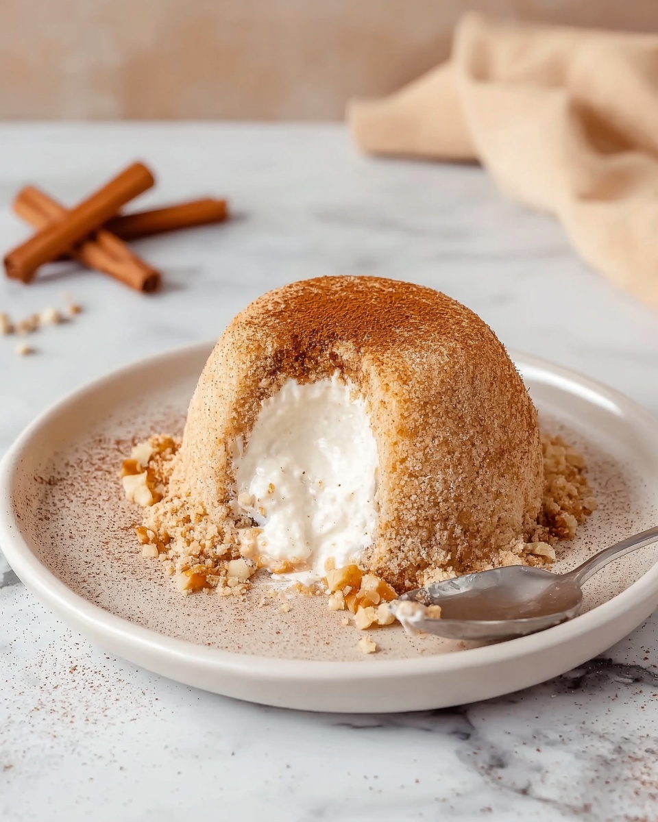 A dome-shaped dessert sits on a white plate with a smooth, slightly raised rim. The dessert has a crumbly light brown outer layer with a dusting of cinnamon or a similar spice on top. The dome is partially spooned out, revealing a smooth white creamy filling in the center. Small chunks of nuts or similar ingredients are mixed into the crumbly outer layer. The scene includes a blurred beige cloth and cinnamon sticks in the white marbled background. Photo taken with an iphone --ar 4:5 --v 7