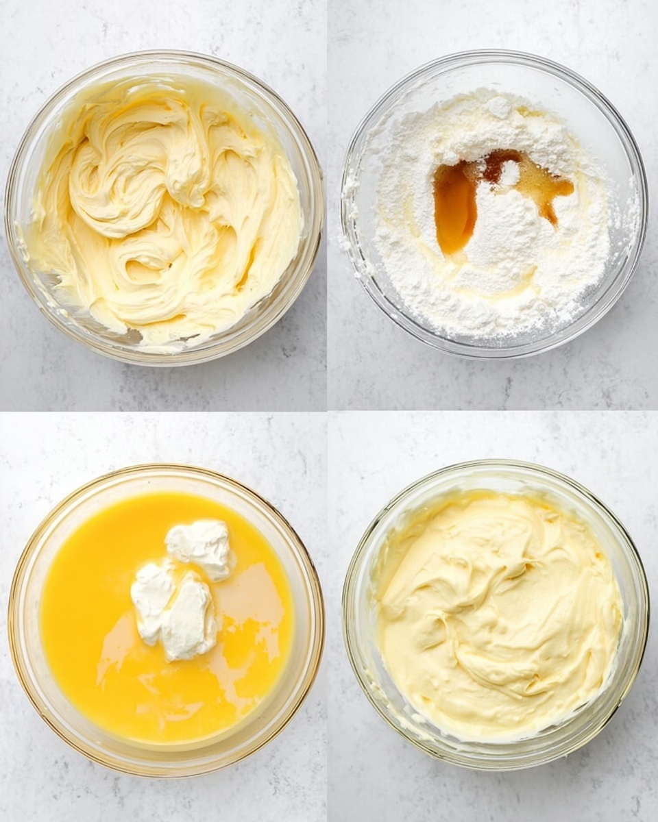 Four clear glass mixing bowls are shown from above on a white marbled surface, each with a different creamy mixture inside. The top left bowl has a thick, pale yellow cream with soft peaks and swirls. The top right bowl contains the same cream base mixed with white powder, a dollop of white cream, and a small pool of light brown liquid on one side, all sitting on top before mixing. The bottom left bowl shows a bright yellow liquid with some white cream floating on the surface. The bottom right bowl contains a smooth, pale yellow mixture that looks well blended and creamy. photo taken with an iphone --ar 4:5 --v 7