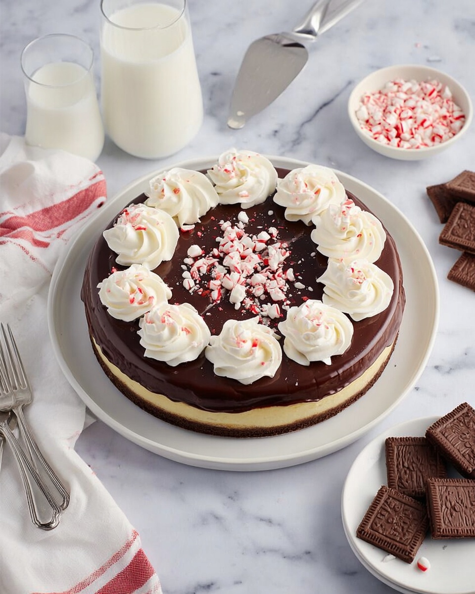 The image shows a round, two-layer dessert on a white plate with a light yellow bottom crust, topped with a thick, glossy dark chocolate layer. On top of the chocolate, there are twelve evenly spaced swirls of white whipped cream forming a circle near the edge. Inside the circle of cream, small red and white crushed candy pieces are scattered over the chocolate. The plate sits on a white marbled surface. Around the plate, there is a small bowl of more crushed candy pieces, a silver cake server, and a smaller white plate holding four silver forks. Nearby there are three chocolate cracker squares and two glasses of milk, one large and one small, with a white and red-striped cloth to the left side. Photo taken with an iphone --ar 4:5 --v 7