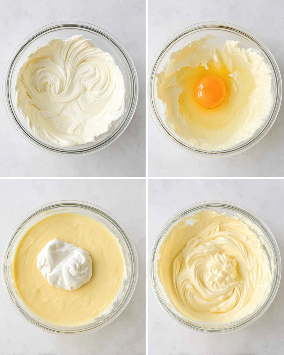 A clear glass bowl on a white marbled texture surface contains a smooth, creamy mixture shown in four stages: top left, thick white cream with soft swirls; top right, the same cream with a bright yellow egg yolk sitting on top; bottom left, smooth light yellow batter with a dollop of thick white cream in the middle; bottom right, the batter now fully mixed into a smooth, light yellow mixture with a creamy texture and soft swirls, all viewed from above. photo taken with an iphone --ar 4:5 --v 7