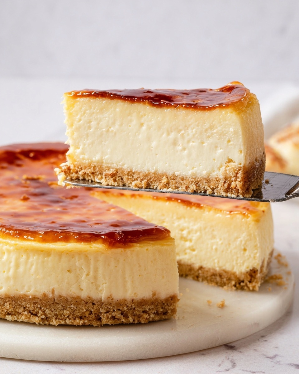 The image shows a cheesecake with three visible layers on a white marbled surface. The bottom layer is a crumbly, light brown crust that looks crunchy. The middle layer is thick, creamy, and light yellow, with a smooth and soft texture. The top layer is a thin, shiny caramelized golden-brown surface that looks slightly crispy. A slice of the cheesecake is held above the rest by a metal spatula, showcasing the layers clearly. The background is simple and white, putting full focus on the cheesecake. photo taken with an iphone --ar 4:5 --v 7
