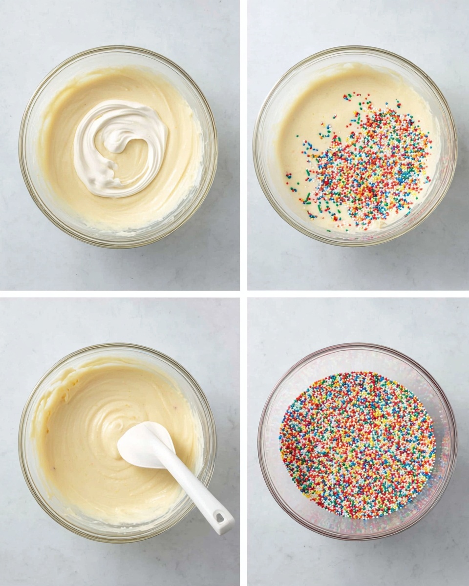 Baked Birthday Cheesecake with Sprinkles Recipe 5 A clear glass bowl sits on a white marbled surface filled with smooth pale yellow batter. In the second frame, there is a swirl of white cream gently folded on top of the batter, adding a light texture. The third frame shows a pile of colorful rainbow sprinkles scattered on one side of the batter, bringing small pops of red, blue, green, yellow, and pink against the pale background. In the last frame, a white measuring spoon stirs the batter, mixing the sprinkles into it, making the mixture look lightly speckled with bright colors. Photo taken with an iphone --ar 4:5 --v 7